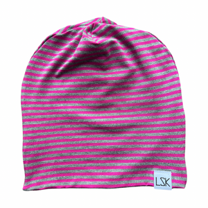 Neon Pink Grey Stripe Bamboo Adult Slouchy Beanie