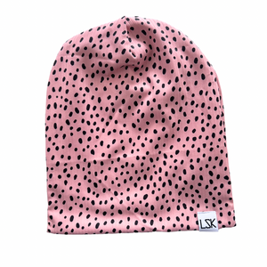 Pink Spotted Ribbed Adult Slouchy Beanie