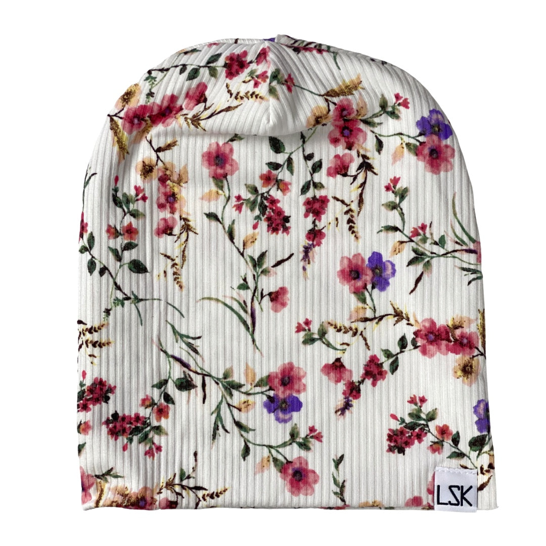 White Ribbed Floral Slouchy Beanie