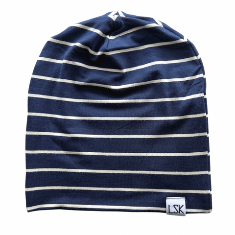 Navy White Stripe Bamboo Slouchy Beanie