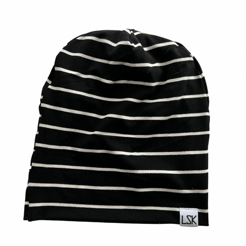 Black White Thick Stripe Bamboo Adult Slouchy Beanie