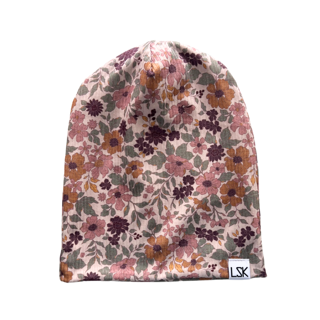 Muted Floral Ribbed Adult Slouchy Beanie