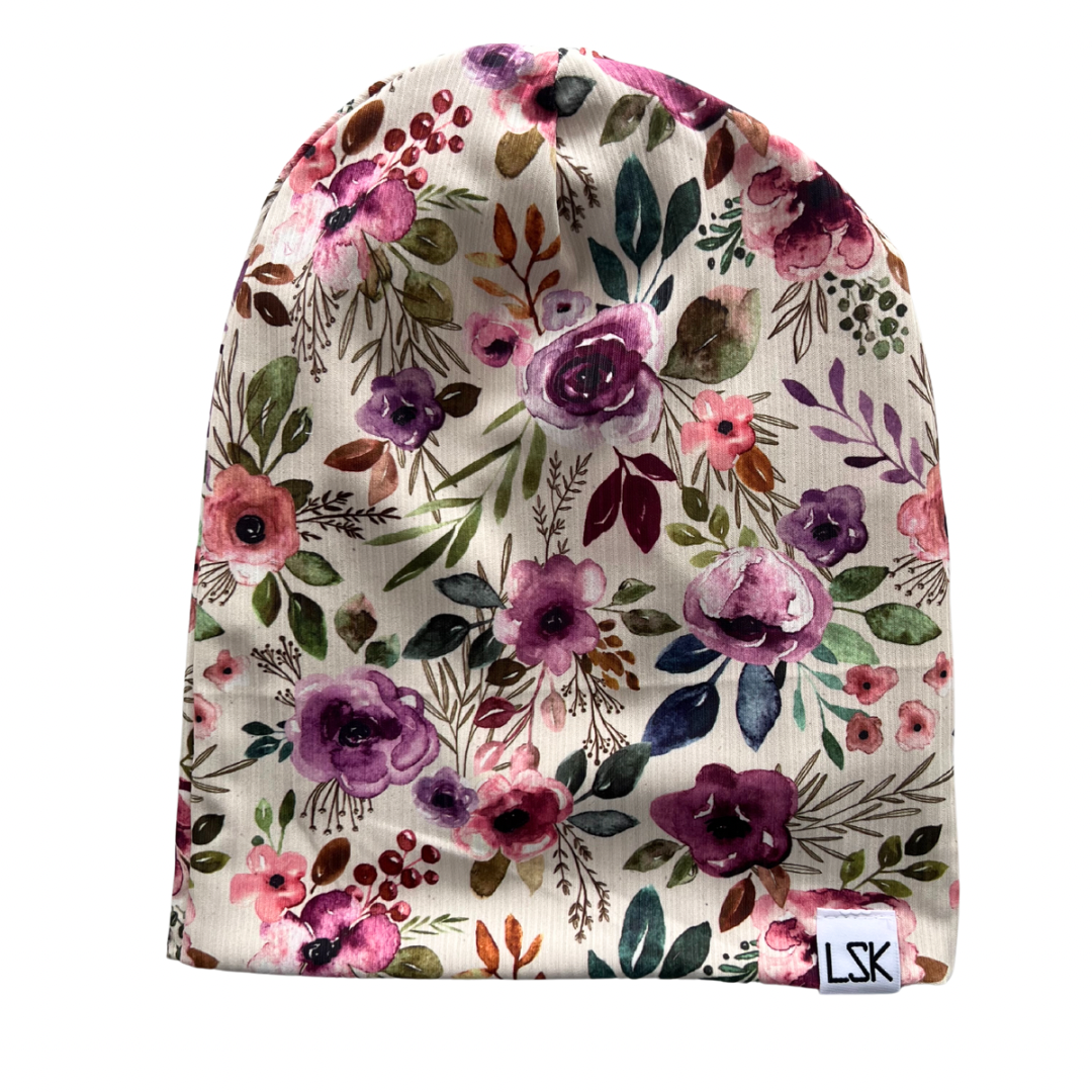 Jewel Floral Ribbed Adult Slouchy Beanie